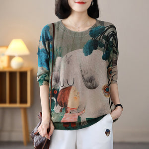 Áo T-shirt dệt kim ngắn tay cổ tròn in cô gái và chú cún - NU8910