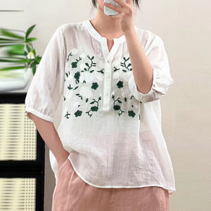 Áo sơ mi linen ngắn tay cổ đứng xẻ V thêu hoa lá - A933