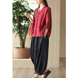 Áo sơ mi linen ngắn tay cổ tròn hai túi vuông vạt xẻ - NU8897