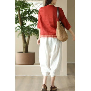Áo sơ mi linen ngắn tay cổ V thêu hoa lá vạt kiểu xếp ren - NU8692
