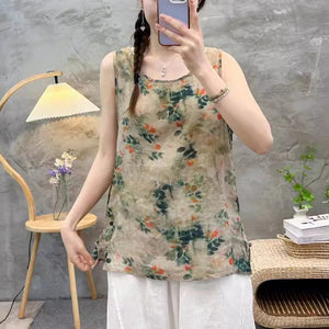 Áo T-shirt linen sát nách cổ tròn in hoa lá - NU9989