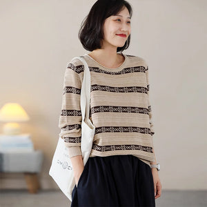 Áo len dệt kim dài tay cổ tròn kẻ sọc - NU9128