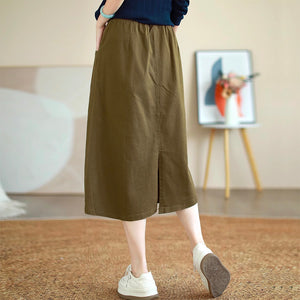 Chân váy retro lưng thun đính khuy kiểu xẻ tà sau - NU9072