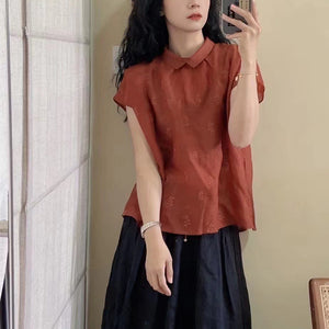 Áo sơ mi linen sát nách cổ pipi thêu hóa lá đồng màu - NU10264