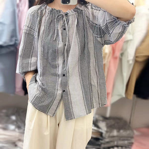 Áo sơ mi tay lửng cổ tròn dây rút kẻ caro - A012