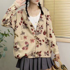 Áo khoác len cardigan dài tay cổ V in hoa lá form rộng - NU9231