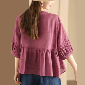 Áo sơ mi linen ngắn tay cổ tròn thêu hoa bướm - A731