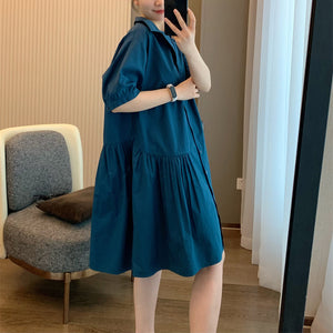 Đầm liền sơ mi ngắn tay cổ đức xếp ly một bên - D003