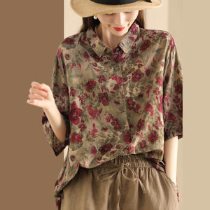 Áo sơ mi linen ngắn tay cổ đức in retro vạt bằng - A941
