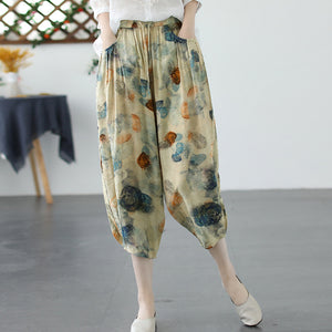 Quần baggy linen lưng thun ống túm in hoa văn retro - NU8850