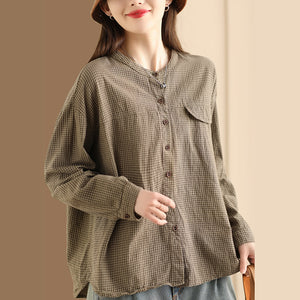 Áo sơ mi linen dài tay cổ tròn kẻ caro túi nắp tròn - NU9966