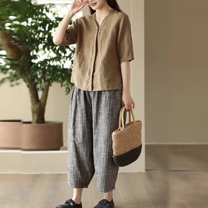 Áo sơ mi linen đơn sắc ngắn tay cổ V kiểu giấu khuy - NU8961