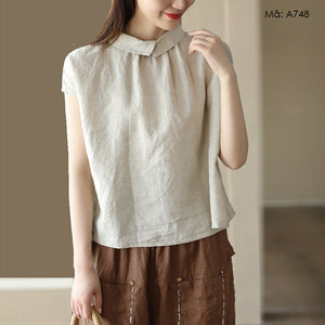 Áo sơ mi linen sát nách cổ pipi khuy cài sau - A746
