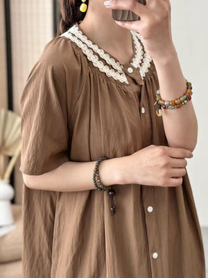 Đầm liền linen ngắn tay cổ tròn đính ren khuy cài - NU9944