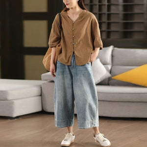 Áo sơ mi linen ngắn tay cổ đứng khuy tròn - A825