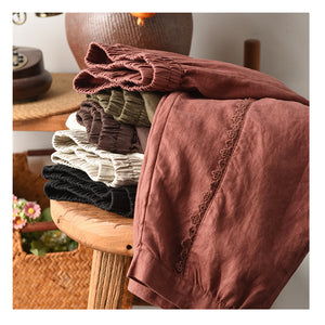 Quần baggy linen lửng thêu ren ống bo - Q253