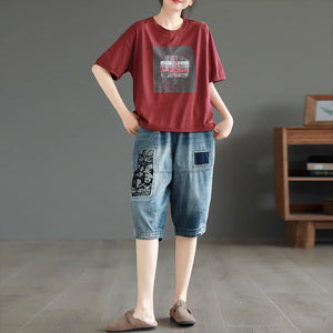 Quần baggy lửng denim lưng thun vá hình ảnh retro - NU8829