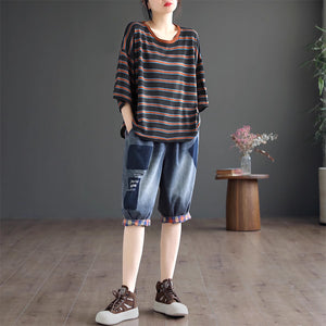 Quần baggy lửng denim lưng thun phai màu ô vuông - NU8752