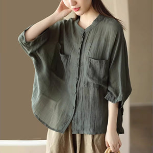 Áo sơ mi linen ngắn tay cổ đứng hai túi vuông - NU9092