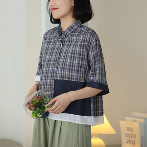 Áo sơ mi ngắn tay cổ đức kẻ caro phối mảng màu - NU10172