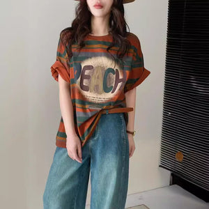 Áo T-shirt Peach ngắn tay cổ tròn kẻ sọc sắc màu - NU9953