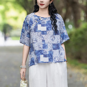 Áo sơ mi linen ngắn tay hoa văn retro khuy tròn cài lệch - NU10257