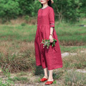 Đầm liền linen dài tay cổ tròn viền in hoa retro - NU9547