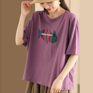 Áo T-shirt ngắn tay cổ tròn in xương cá retro - NU10438