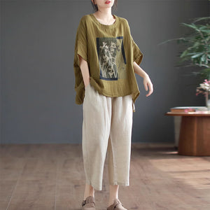 Áo T-shirt linen ngắn tay cổ tròn form rộng in hoa lá - NU8898