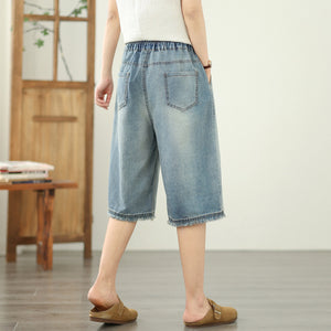 Quần sooc denim lưng thun thêu hoa đối xứng - Q195