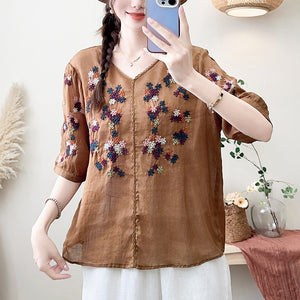 Áo sơ mi linen ngắn tay cổ V thêu hoa ngũ sắc - NU10404