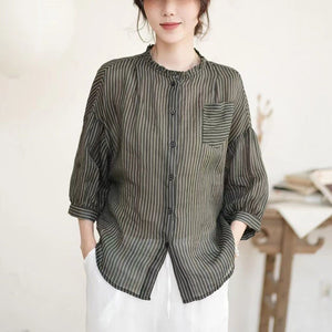 Áo sơ mi linen ngắn tay cổ đứng kẻ sọc - NU10079