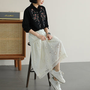 Chân váy linen lưng thun thêu retro hai lớp  - NU10077