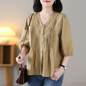 Áo sơ mi ngắn tay cổ V thêu ren xếp ly - NU8828