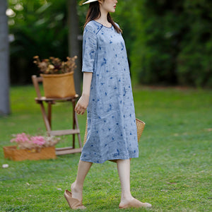 Đầm liền linen ngắn tay cổ tròn hai khuy thêu hoa retro - NU10508