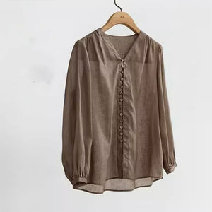 Áo sơ mi linen dài tay cổ V kiểu nhiều khuy cài - NU9053