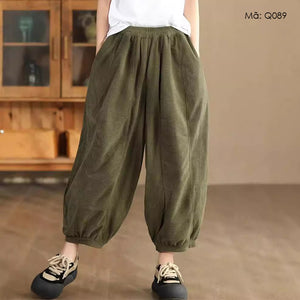 Quần baggy nhung lưng thun ống rộng bo gấu - Q087