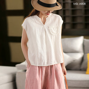 Áo sơ mi linen sát nách cổ trái tim một túi - A806