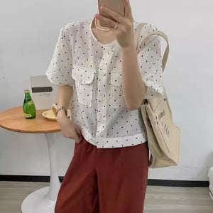 Áo sơ mi linen ngắn tay cổ tròn hai túi vuông chấm bi - A838