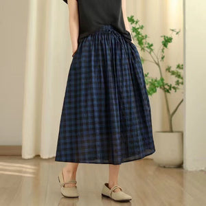 Chân váy linen lưng thun dây rút kẻ caro - V091