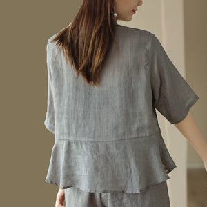 Áo sơ mi linen ngắn tay cổ tàu in hoa lá retro khuy tròn - NU8854