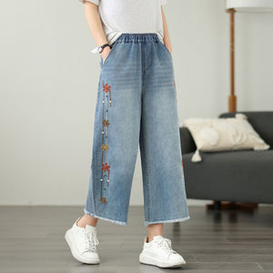 Quần baggy denim lửng lưng thun ống đứng thêu hoa mùa xuân - Q254