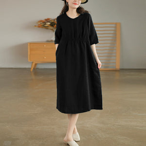 Đầm liền linen ngắn tay cổ tròn chiết eo - NU9791