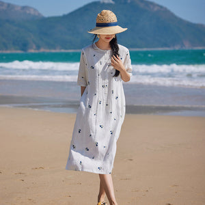 Đầm liền linen ngắn tay cổ tròn thêu hoa tulip - NU9905