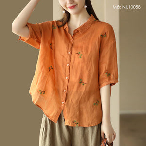 Áo sơ mi linen ngắn tay cổ đức thêu ren hoa lá - NU10058
