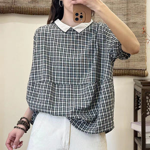 Áo sơ mi ngắn tay cổ pipi kẻ sọc caro khuy cài sau - NU8824