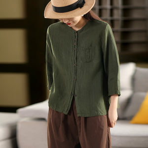 Áo sơ mi linen tay lửng cổ tròn một túi khuy kép - A802