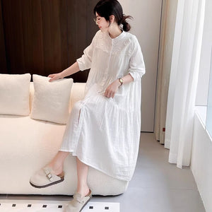 Đầm liền linen dài tay cổ đứng thêu hoa kiểu sơ mi - D032