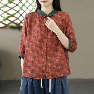 Áo sơ mi linen ngắn tay cổ pipi phối màu in hoa lá - NU9864