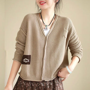 Áo khoác cardigan len đan dài tay cổ V thêu chú cá - NU9640